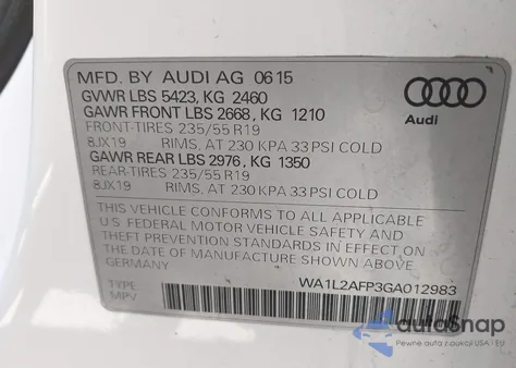 2016 Audi Q5 2.0T Premium из США, поврежденный, VIN WA1L2AFP3GA012983